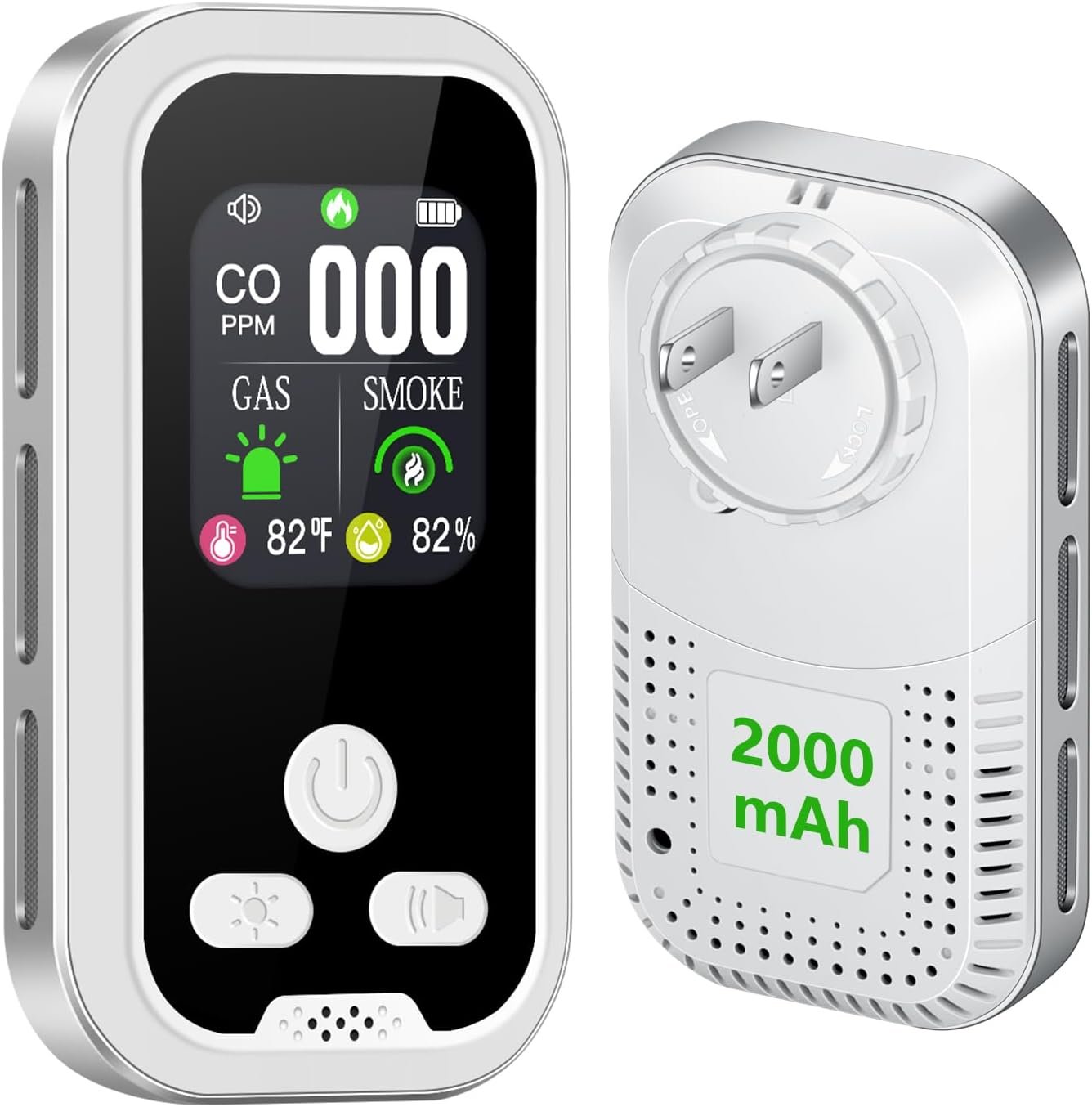 5-in-1 Portable Smoke and Carbon Monoxide Detector Combo with HD Display, Plug in Natural Gas Leak & CO Alarm Built-in Backup Battery with Temperature, Humidity for Travel, Home, Camping RV (1 Pack)