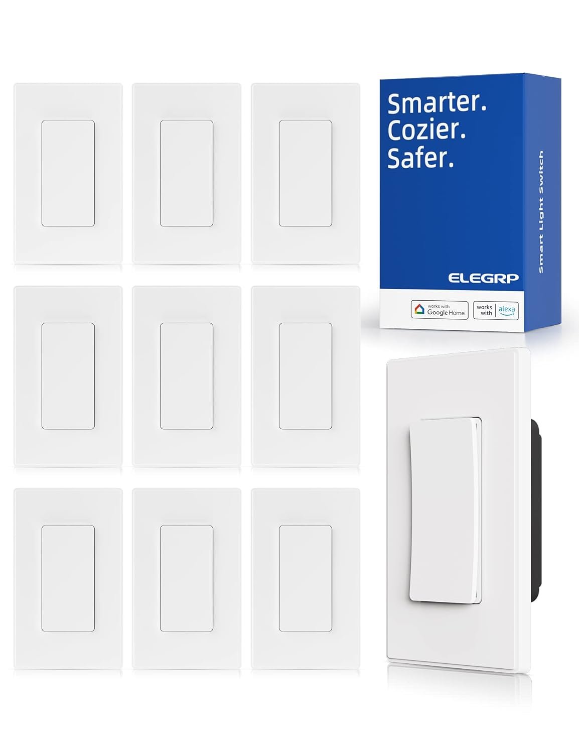 ELEGRP Smart Light Switch, 2.4GHz Wi-Fi Light Switch Compatible with Alexa & Google Assistant, Neutral Wire Required, APP Control and Timer Schedule, UL Certified, Single Pole/3 Way, White, 10 Pack