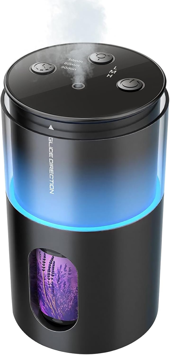 Waterless Diffuser for Essential Oil: Mini Battery Scent Diffuser for Room&Home&Car with 9 Colors LED Light – Aroma Cool Mist Obsidian Black