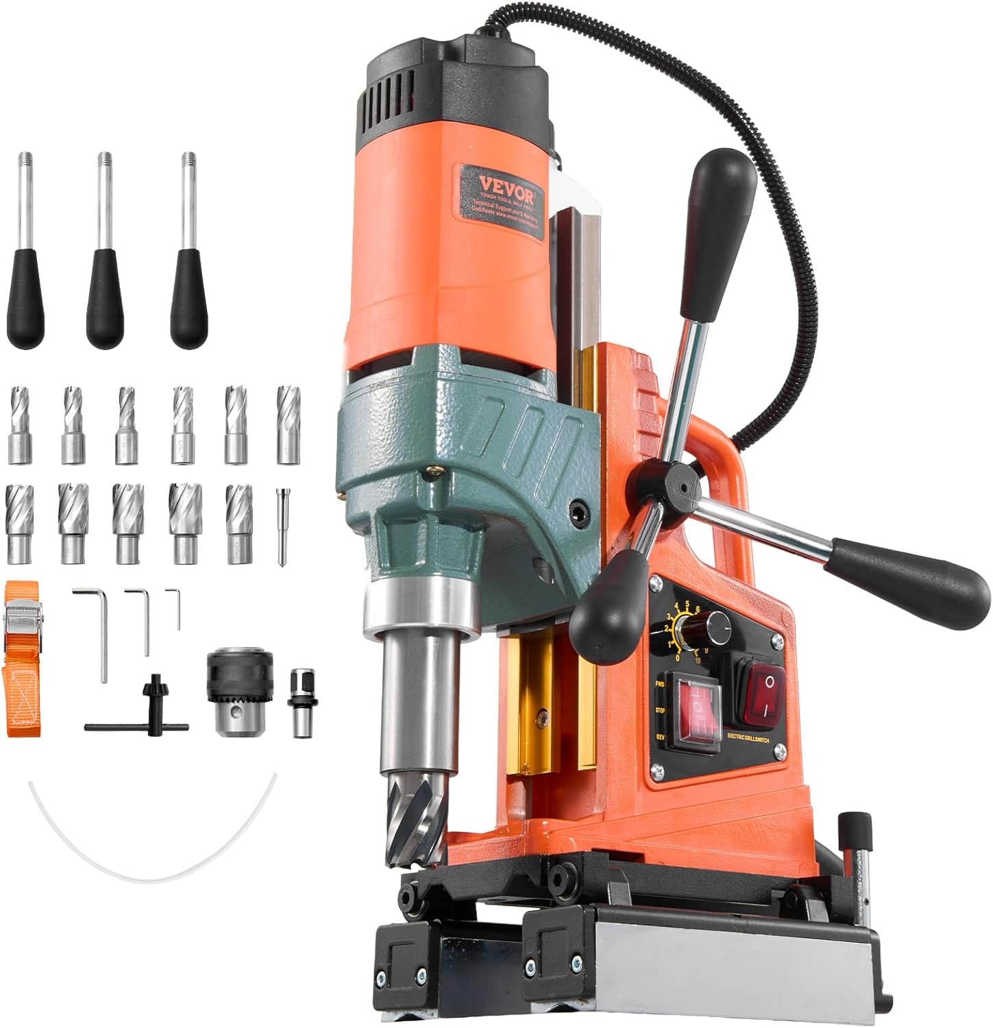 VEVOR Magnetic Drill Press, 1400 W, 2 inch Boring Diameter, 0-750 RPM Speed, Reversible Direction, Mag Drill Press with 11 Core Bits, Electric Drilling Machine for Industrial and Home Improvement