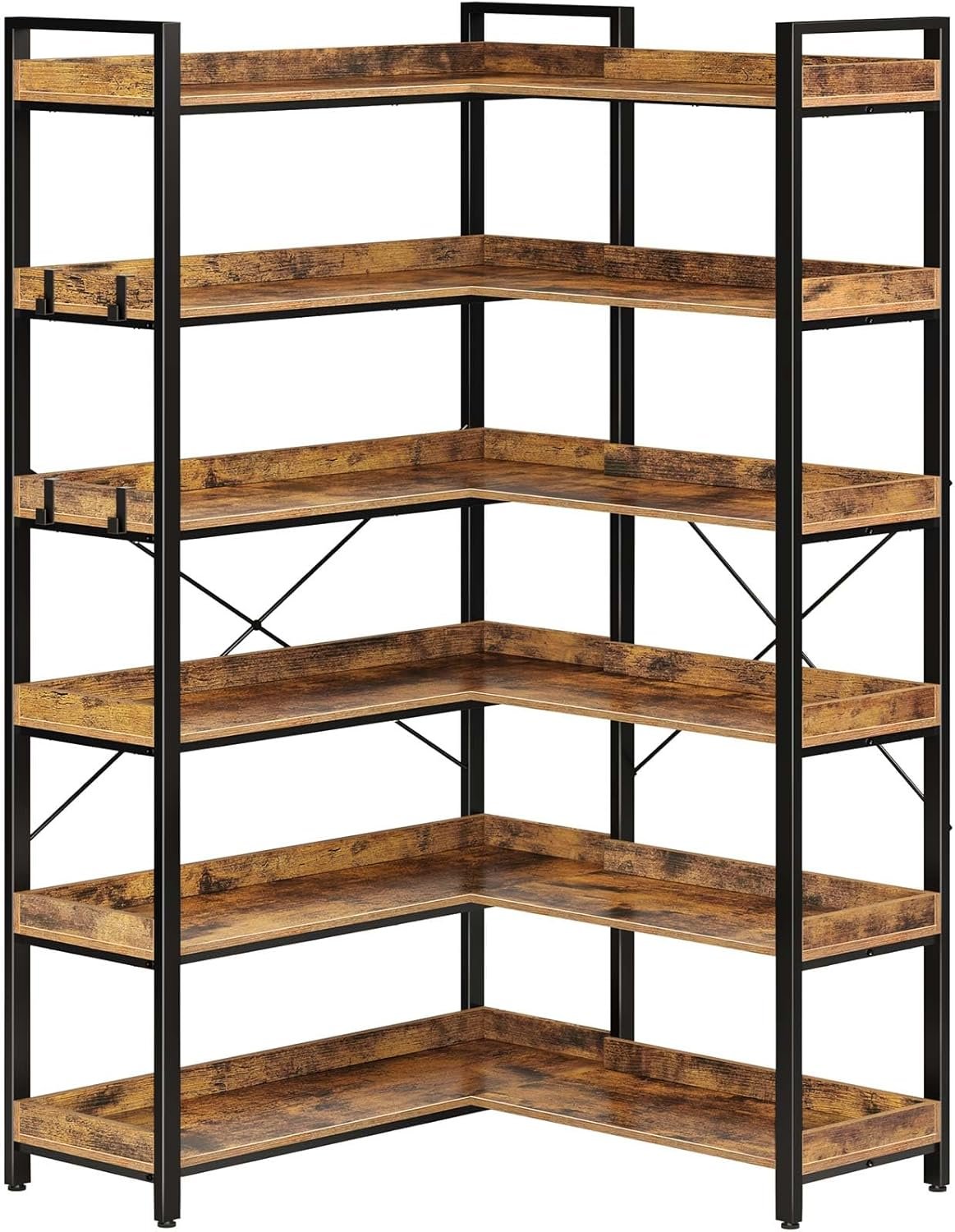 Rolanstar Bookshelf 6 Tier with 4 Hooks, Reversible Corner Bookshelf, 69″ Industrial Wooden Bookcase with Open Shelves and Metal Frame for Living Room, Bedroom, Home Office, Rustic Brown