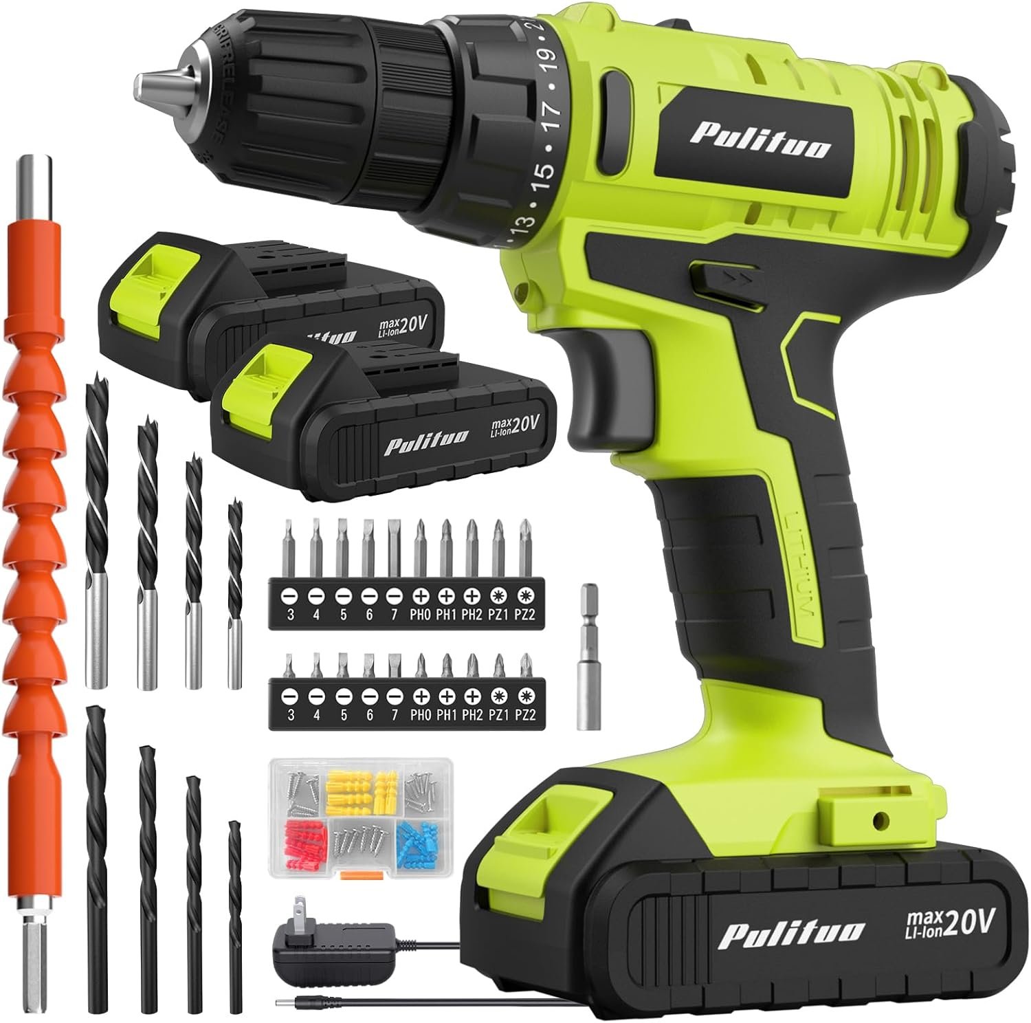 PULITUO’S 20V Cordless Drill/Driver, Electric Screwdriver – 2 Batteries, 30Nm, 21+1 Torque, 2 Speed, Keyless 3/8″ Chase Drill with LED Light, Kit for Home (Green)