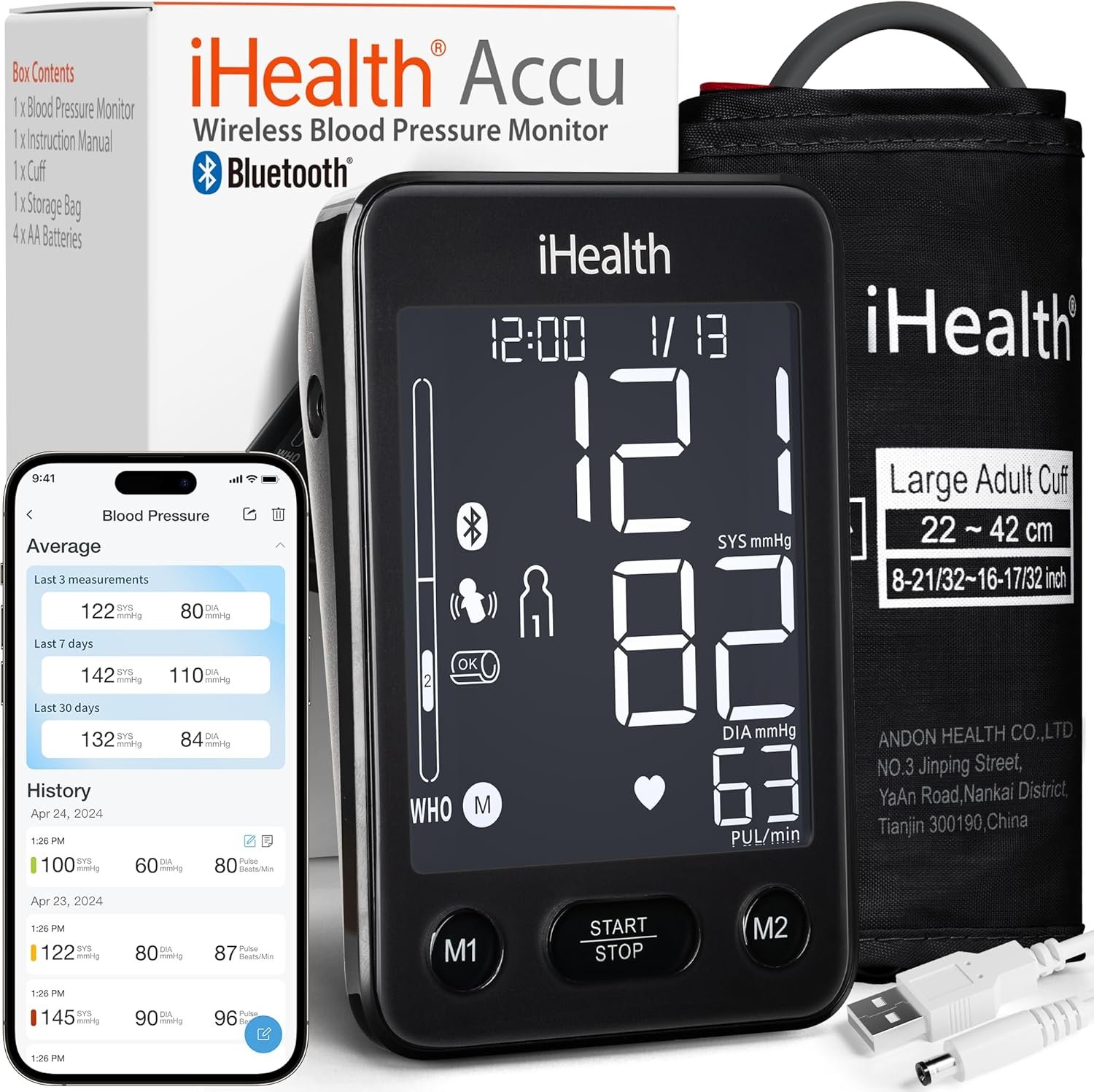 iHealth Accu Blood Pressure Monitor – 4.5″ Large LCD, Clinically Accurate, Irregular Heartbeat Alert, Body & Cuff Detection, Bluetooth Sync, Adjustable Large 8.6″–17″ Cuff– Easy for Seniors & Adults