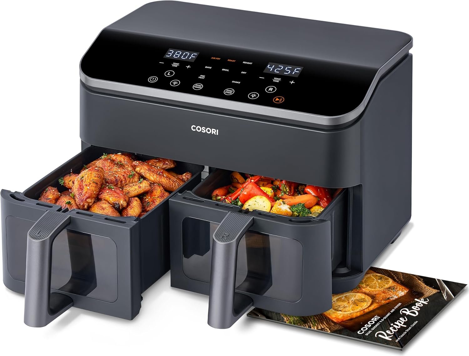 COSORI Dual Air Fryer 9Qt – 10-in-1, Fresh Balanced Meals for Family and Children with Double Baskets, Sync Cook & Finish to Bake, Roast, Reheat, Broil & 130 Recipes for Easy Cooking, Dishwasher Safe