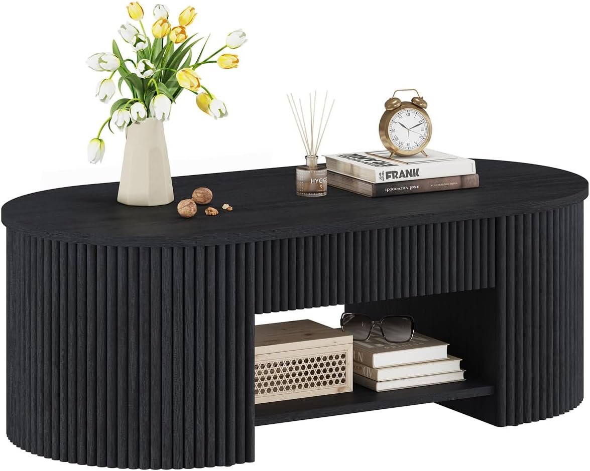 FATORRI Coffee Table for Living Room Storage, Modern Wood Fluted Center Table with Drawer, Mid-Century Oval Living Room Tables with Shelf (Black, 43.31 Inch)