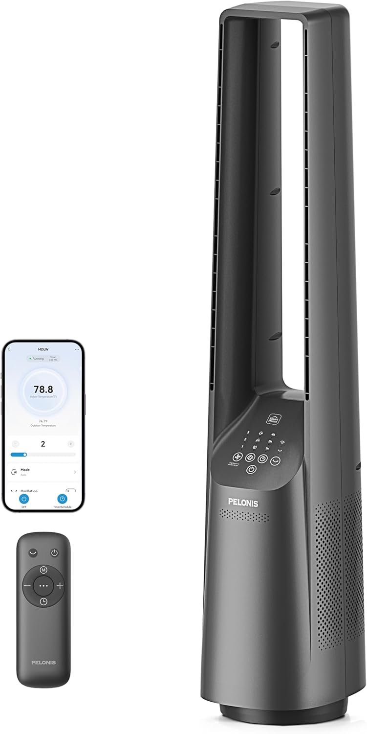 PELONIS 40″ Smart Bladeless Fan for Bedrrom – Tower Fan, Alexa/Google/WiFi, DC Motor, 6 Speeds, 4 Modes, Remote, 7H Timer, 90° Oscillation, Safe for Home and Office