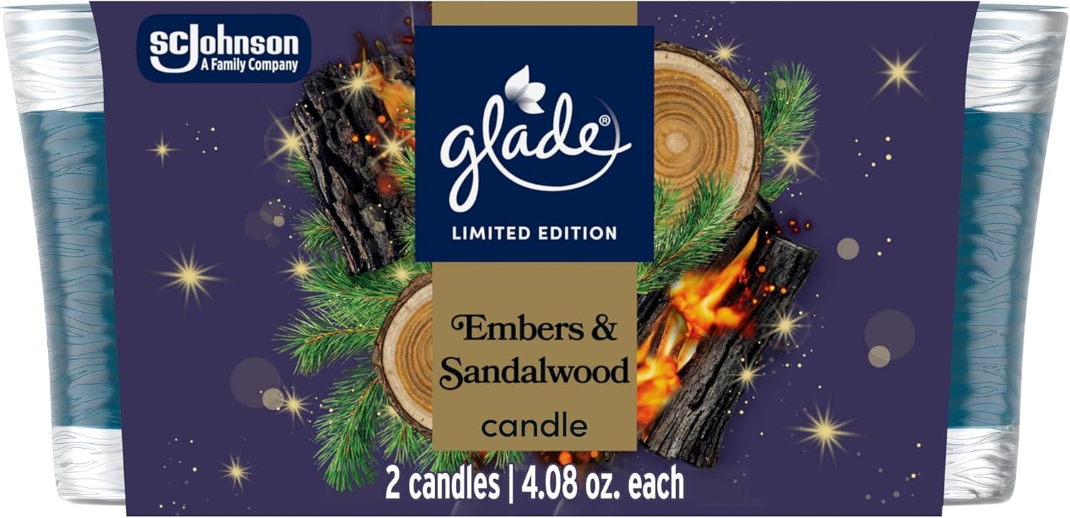 Glade 1-Wick Scented Candle Jar, Embers & Sandalwood, Air Freshener Infused with Essential Oils, 4.08 Oz, 2 Count