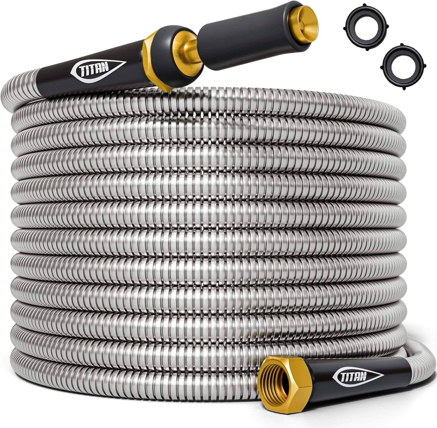 TITAN Garden Hose 25FT – 304 Stainless Steel Metal Water Hose, Flexible, Kink-Free, Lightweight, Durable, Crush Resistant Fittings, Easy to Coil, 500 PSI