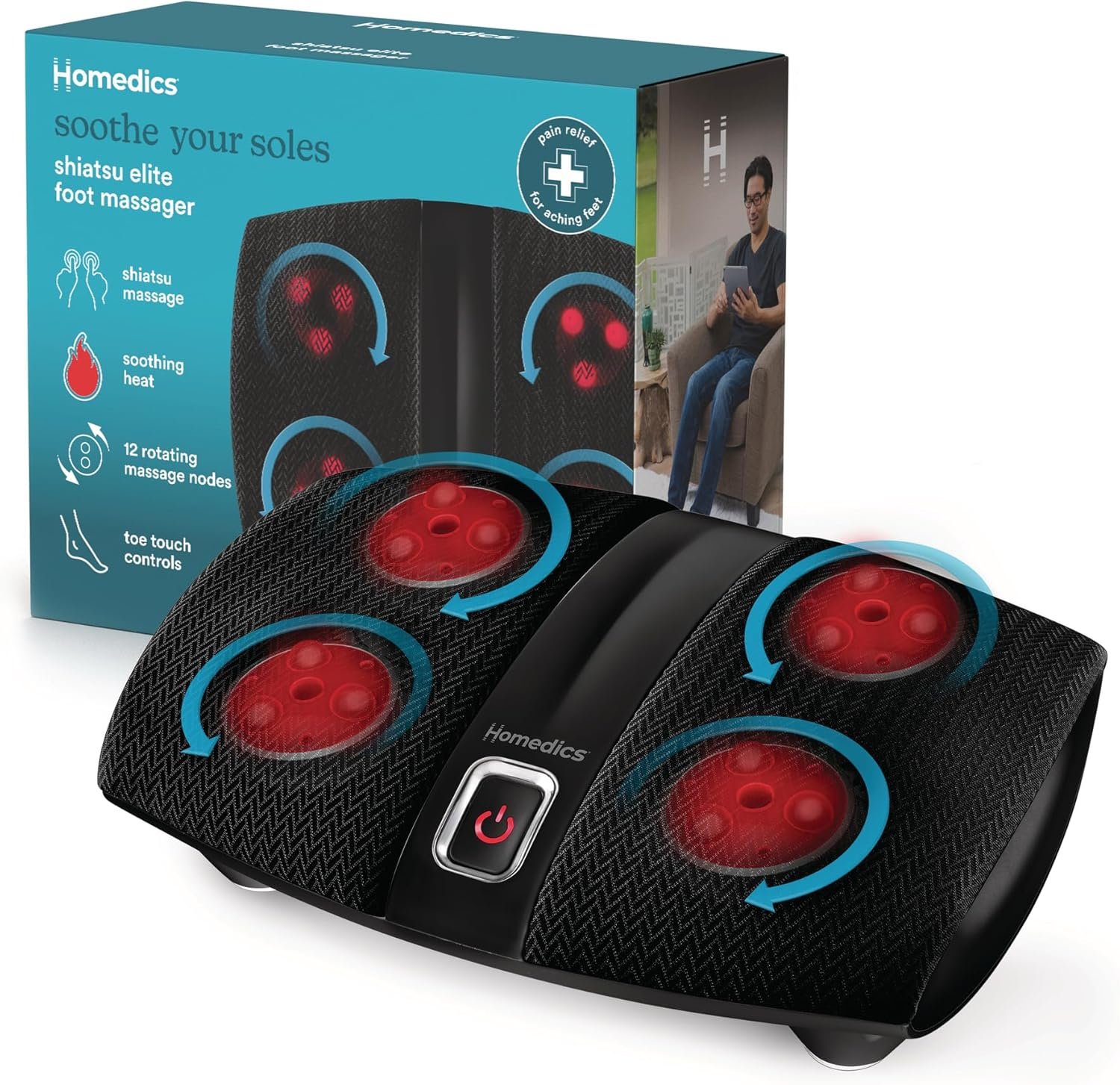 Homedics Shiatsu Select Foot Massager with Heat – Shiatsu Foot Massager with Heat, Therapeutic Kneading & Rolling, 4 Rotational Heads with 12 Massage Nodes, Toe-Touch Control