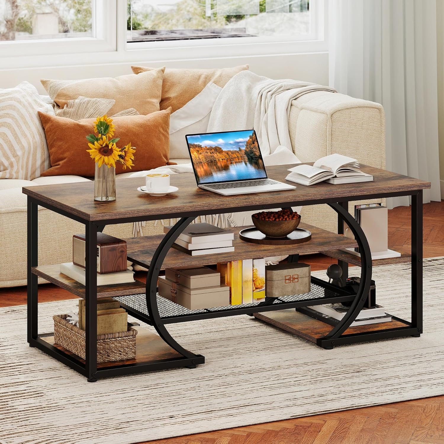YITAHOME Rustic Coffee Table with Storage 5 Tier Center Living Room Table, 47″ Farmhouse Wood Rectangle Cocktail Tea Table, Modern Industrial Accent Table w/Arched Metal Frame for Home Decor, Brown